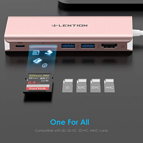 Image of LENTION USB-C Digital AV Multiport Hub with 4K HDMI, 2 USB 3.0, SD Card Reader, Type C Charging and Gigabit Ethernet Adapter for 2016 2017 MacBook Pro 13 15, MacBook 12, Dell XPS, More (Rose Gold)