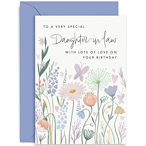 Old English Co. Birthday Card For Daughter-In-Law - Butterfly Hearts Flower Birthday Card for Her - Cute Birthday Card from Mother-in-law Father-in-law - Birthday Card | Blank Inside with Envelope