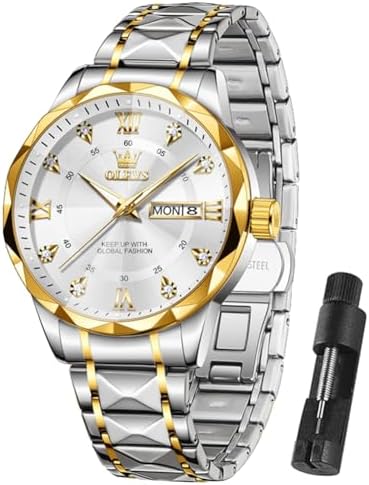 OLEVS Watch Men Waterproof Classic Diamond Luxury Men’s Watches Nice Silver and Gold Two Tone Dress Big Face Fashion Casual Watches for men Stainless Steel Analog Quartz Metal Adjustable Watch With Day and Date Relojes para hombre