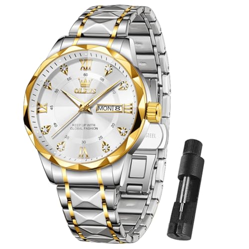 OLEVS Watch Men Waterproof Classic Diamond Luxury Men’s Watches Nice Silver and Gold Two Tone Dress Big Face Fashion Casual Watches for men Stainless Steel Analog Quartz Metal Adjustable Watch With Day and Date Relojes para hombre