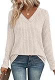 Aokosor Womens Tops V Neck Lightweight Jumpers for Women UK Long Sleeve Tops Tunic Beige Size 22-24