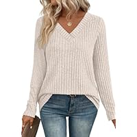 Aokosor Long Sleeve Tops Women Lightweight Women's Jumpers V Neck Beige Tunic Tops Deals of The Day Sale Size 14-16
