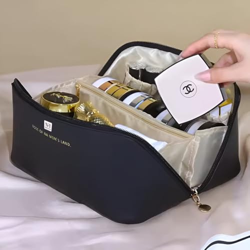 Image of NFI essentials Cosmetic Travel Organizer Bag, Women's Makeup Pouch Toiletry Bag Portable Leather Wide Opening Cosmetics Bag with Handle and Divider