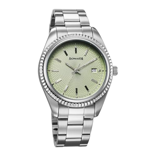 Image of Sonata Festive 2.0 Quartz Lt. Green Round Dial Men's Watch | Stainless Steel Strap Material | Watches for Men Analog - 77198SM01