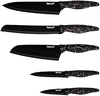 hecef 5 PCS Nonstick Coated Kitchen Knife Set with Lighting Pattern Handle and Protective Sheath, Exclusive Black Chef Knife Set, Scratch Resistance & Rust Proof