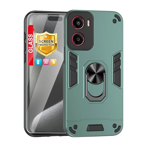 Lucyliy Compatible with Motorola Moto G05 / Moto E15 Phone Case Cover Built-in Stand Shockproof and Drop-Proof [with Tempered Glass Screen Protector] Green