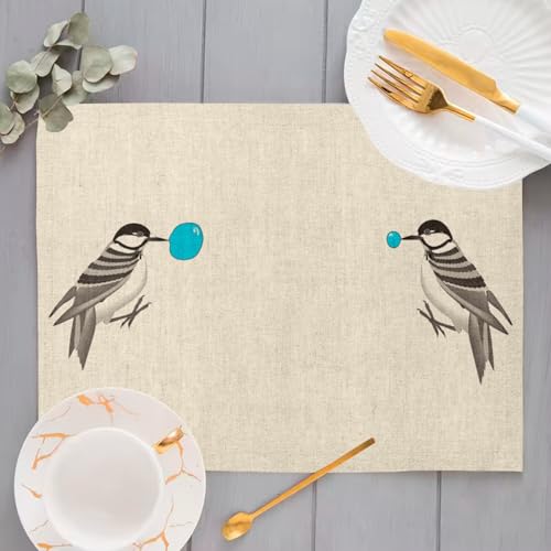 Set de table en lin grand format x4 avec motifs oiseaux rayés