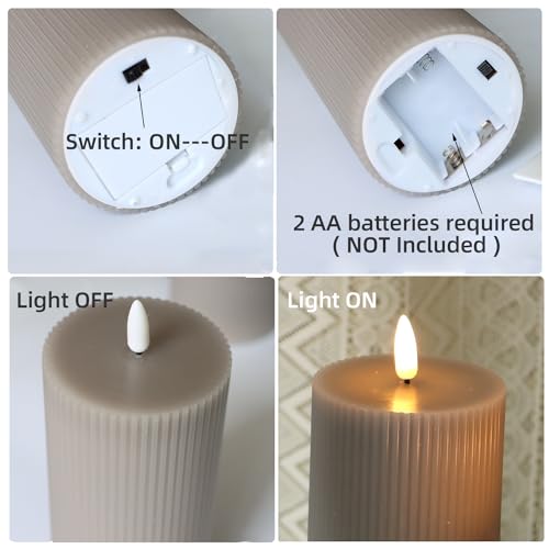 Image of 3 Pack Wax LED Flameless Candles with Remote Real Wax Battery Operated Electric Pillar Candle Set with Vertical Stripes 3D Black Wick for Home Party Wedding Decorations, Grey, D 3 x H 4 /5 /6 inch
