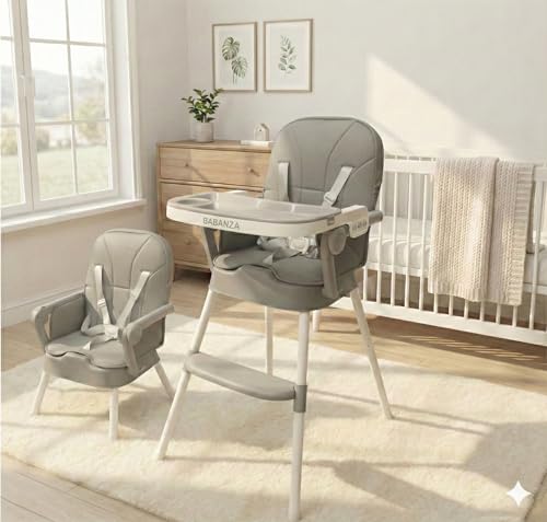 Image of 2 in 1 Convertible Baby Feeding High Chair For Dining | 5 Point Safety Harness | Double Removable Tray | Wide Footrest, Soft Cushion, Compact, Travel Friendly, Lightweight & Sturdy (Dove Grey)