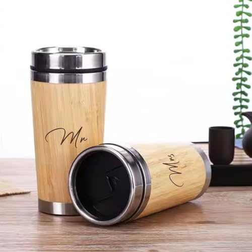 Image of Giftana Mr and Mrs Coffee Tumbler Set of 2, Stainless Steel Bamboo Finish Travel Mugs 450ml for Couples, Wedding & Engagement Gifts, Bride and Groom Gift Set, Reusable Coffee Cups, Beige