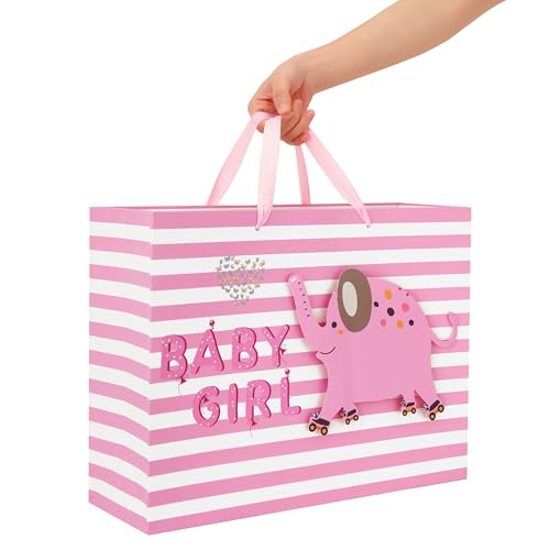 Image of 16.5 inch Extra Large Baby Girl Gift Bag Set with Handles, Greeting Card, Pink Tissue Papers and Stickers for Baby Shower, Newborn, New Moms or Parents, Kids Birthday Party, 3D Elephant Design, 1 Pcs