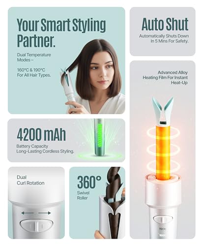 Image of Ownair Automatic Hair Curler for Women, Cordless Auto Hair Curler, 4200 mAh Rechargeable Battery, USB C Fast Charging, Left & Right Curl Modes, 160C & 190C Temperature Settings, Portable Curling Iron for Salon Quality Curls