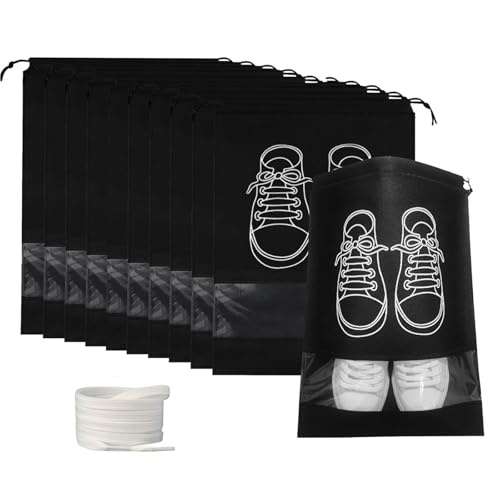 Reiseschuhtasche,10 Stück Tragbare Schuhbeutel 32x44 cm,Wiederverwendbar wasserdichte Schuhaufbewahrungstasche mit durchsichtigem Fenster,Kordelzug Staubdichte Reise Schuh Aufbewahrungstasche,schwarz