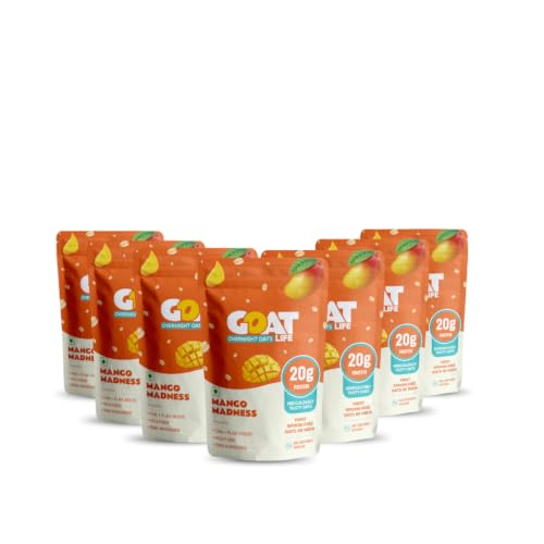 Image of GOAT Life Overnight Oats | 20g Protein | High Fibre | Nutrient-Rich | No Sugar | Gluten-Free & Vegan | Supports Weight Management & Muscle Recovery | Instant Breakfast (Mango Madness, Pack of 7)