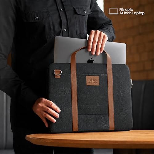 Image of Laptop Sleeve with Handle upto 14 Inch for Men & Women | Ultra Slim Lightweight | Detachable Shoulder Strap | For Macbook Air /Pro, Asus, Lenovo, Dell & more|Gift for Office & Daily Travel (Jute Black)