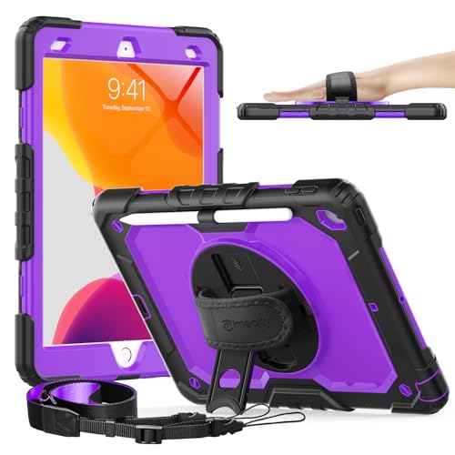 Timecity Case for iPad 8th/ 7th Generation, iPad 10.2 Case with Built-in Screen Protector Pencil Holder, Heavy Duty Protective Cover with Rotatable Stand Adjustable Hand/Shoulder Strap, Purple