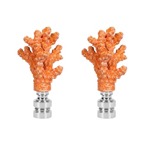 Image of Royal Designs, Inc. Sea Life Lamp Finial, Medium Coral, Orange, Polished Silver Base, Replacement Finial for Table or Floor Lamps, Set of 2