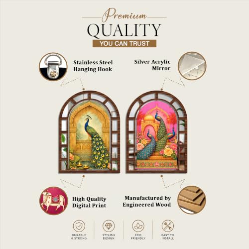 Image of Artvibes Traditional Arch Peacock Theme Decorative Wall Hanging | Jharokha Mirror for Living Room, Bedroom, Hall, Foyer, Dining Room, Office & Entrance | Gift (WHJ 12037N), Set of 2