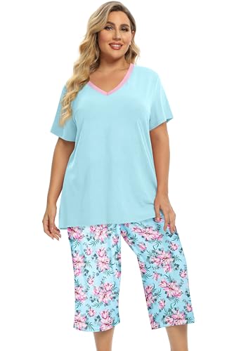 Image of Vozanet Women's V Neck Sexy Pajamas Capri Sets Mexican Style Floral Sleepwear 2PCS Totem Casual Nighty Plus Size M to 5XL