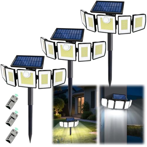 Image of MDCMDCM Solar Lights Outdoor Waterproof Motion Sensor - 416 LEDs 3000 Lumens Super Bright 3 Brightness 3 Modes 360 Illumination 32ft Solar Flood Security Light for Outside (with Stakes, 3)