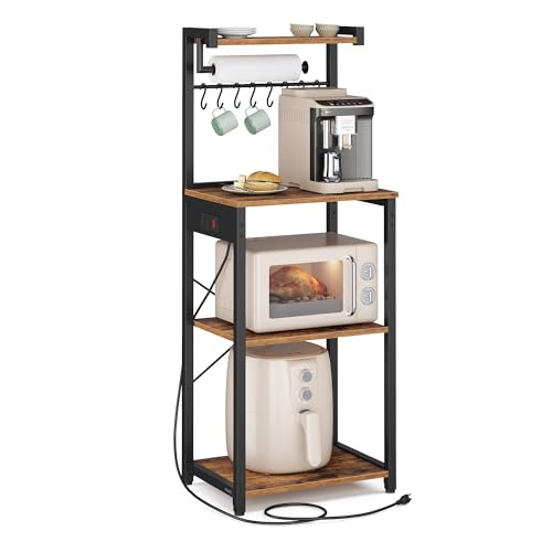 Image of VASAGLE BARNET Collection - Kitchen Bakers Rack with Power Outlet, 17.7-Inch Wide Coffee Bar 4-Tier with 8 S Hooks, Modern Microwave Stand, Adjustable Shelf, Rustic Brown and Ink Black UKKS013KD01
