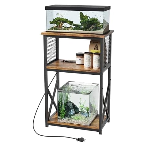 HavenlyYouth 10 Gallon Fish Tank Stand with Power Outlet , 3 Tier Aquarium Stand with Shelf, Turtle/Reptile Tank Stand for Home Office ,Adjustable Boards, 20.47''L×11.42''W×30.91''H, Retro Brown Cover