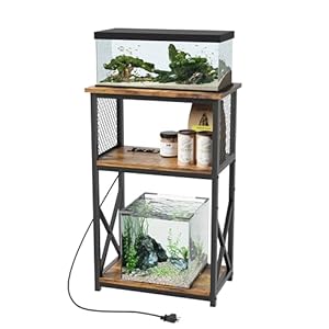 10 Gallon Fish Tank Stand with Power Outlet, 3 Tier Aquarium Stand with Shelf, Turtle/Reptile Tank Stand for Home Office,Adjustable Boards, 20.47”L×11.42”W×30.91”H, Retro Brown