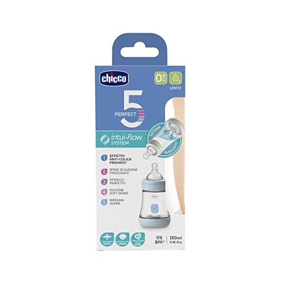 Chicco PERFECT 5 Anti-Kolik 150 ml Babyfläschchen, Baby Flasche für Neugeborene mit Langsamen Fluss 0+ Monate mit Weichem Silikon-Sauger, 150 ml Biofunktionale Babyflasche mit Intui-Flow System, Blau – Bild 3