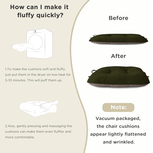 Image of AddGrace Chair Cushions for Dining Chairs Set of 4 Non-Slip Kitchen Seat Cushions with Ties Tufted Thick Seat Pads for Indoor Kitchen Dining Furniture 17 inchx16 inchx3 inch Dark Green