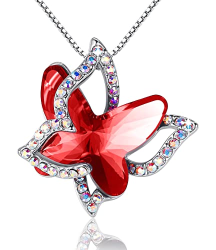GEMMANCE Butterfly Crystal Necklace with Ruby Red Birthstone for January and July, Silver-Tone, 18"+2" Chain