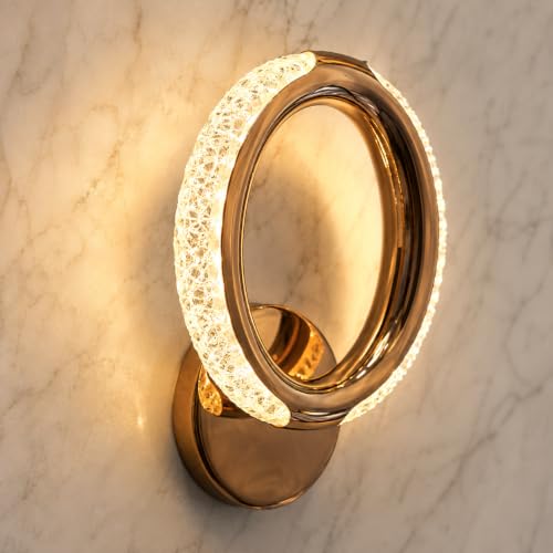 Image of fizzytech Crystal LED Wall Light, Modern Gold Finish Decorative Wall Lamp with 3 Colour Changing Modes for Living Room, Bedroom, Hallway & Home Decor (Round, Pack of 1)