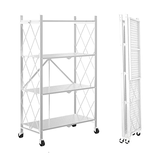 JOOHY スチールラック 収納ラック キャスター付き メタルラック 折りたたみ式 オープンラック 4段 幅70×奥行34×高さ127cm キッチンラック シェルフ 食器棚 移動便利 大容量 組立簡単 広げるだけで使える (ホワイト)