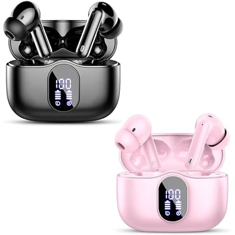 2 Sets Wireless Earbuds, Bluetooth 5.3 Headphones Bass Stereo, Ear Buds with Noise Cancelling Mic LED Display, IP7 Waterproof in Ear Earphones, 36H Playtime for Laptop Pad Phones, Black+Pink Cover