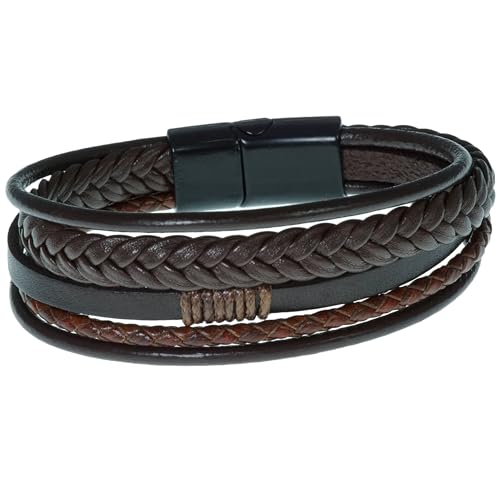 Image of THE MEN THING Leather Bracelet for Men - American Style Brown Genuine Leather Multi-Layer Braided Bracelet with 100% Stainless Steel Magnetic Buckle for Men & Boys