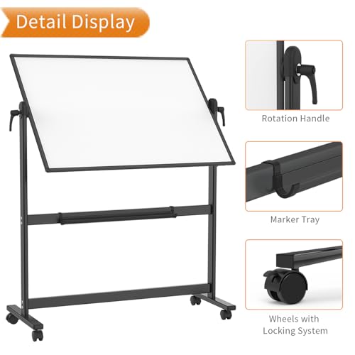 VIZ-PRO Pizarra blanca móvil magnética de doble cara 120x90 cm, con ruedas y marco de aluminio negro, para oficina y aula - imagen 4