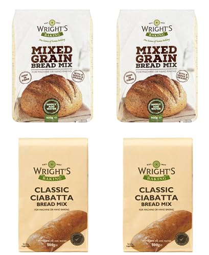 Wright’s Baking Bread Mix Selection Pack 4x500g | 2 Packs from Each Varity Mixed Grain & Ciabatta | Suitable for Bread Machine or Hand Baking
