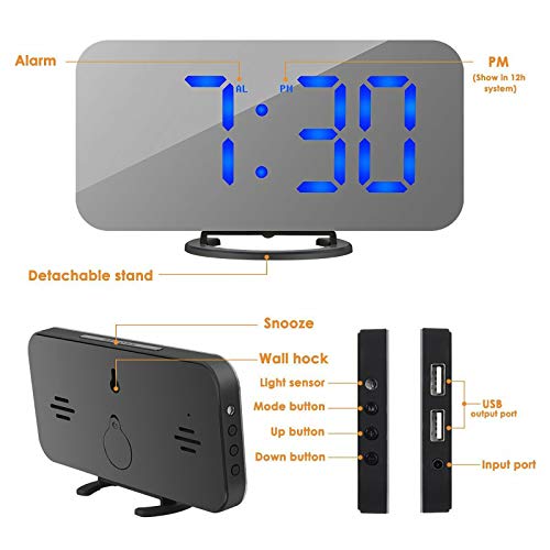 Oenbopo Alarm Clock, Led Digital Clock With 6.5" Large Display, Dual Usb Charging Ports, Snooze Function, Diming Mode, Black Body Mirror Surface Clock For Bedroom Living Room Office (Blue Digital) #TOP2