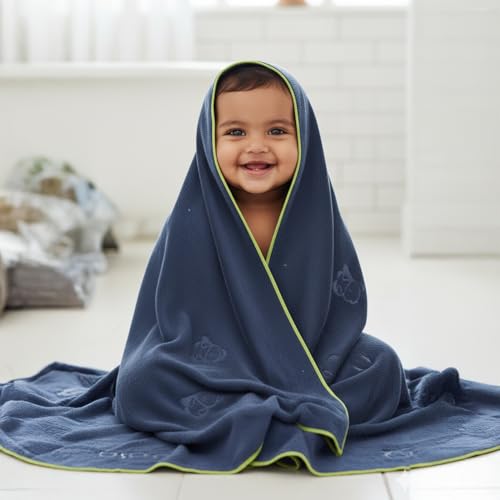 Image of BabyPro Microfiber Baby Bath Towel for Boys & Girls, 0-5 Years, 70 x 110 cm | 100%Cotton, Ultra Soft, Quick Dry, Ultra Absorbent, Lightweight, Navy Blue