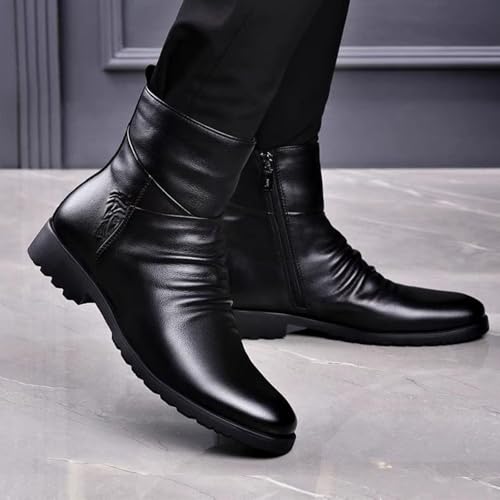 Image of Keilinia Men's Black Leather High-top Dress Ankle Boots,Fall Winter Fashion Side Zipper Plain Toe Business Casual Short Boots