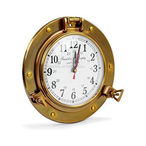 Nagina International 9" Antique Brass Premium Nautical Wall Decor Vintage Time's Clock | Pirate's Porthole Decorative Clock (Franklin & Murphy's Vintage Dial) Cover