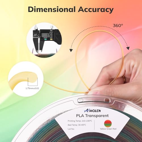 Image of AMOLEN PLA 3D Printer Crystal PLA Filament, Clear Filament 1.75mm Transparent Red Yellow Green, with Light Transmission Feature, Compatible with Most FDM Printer, Translucent, 1KG /2.2lb