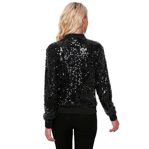 Womens Sequin Jacket Long Sleeve Zipper with Pockets Casual Party Sequin Bomber Jacket 5