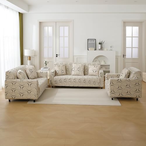 Image of HOKIPO 'Elira Series' Stretchable Cushion Cover for Sofa 22 inch x 22 inch, Packof 2, Natural Beige Abstract Art (AR-6712-C4*2)