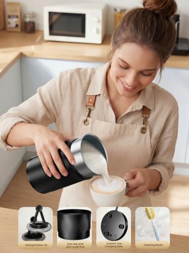 Image of Large Capacity Milk Frother: 4-in-1 Electric Milk Steamer 350ml, 7700RPM High Speed, 120s Fast Frothing, Hot & Cold Foam Maker, Helpful Stainless Steel for Latte - Grayish Black