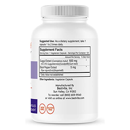 Bestvite Guggul Extract 500Mg (120 Vegetarian Capsules) - Backed By Clinical Research, Patented And Standardized, Enhanced By Bioperine - No Fillers - No Stearates - Vegan - Non Gmo - Gluten Free #TOP1