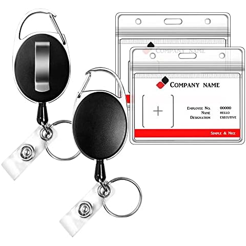 2 Pack Heavy Name Card Holder Work Badge Holders with Carabiner Reel Clip&Vertical Style Clear ID Card Holders, 24 inches Cord (Clear) Cover