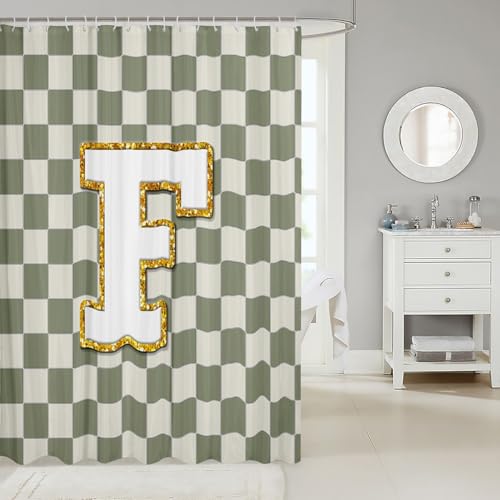 Image of Erosebridal Sage Green Checkered Bathroom Accessories Plaid Initial F Shower Curtain Personalized Monogram Bathroom Curtain for Kids Adults 72 inch Wx72 L Fashion Grids Gingham Shower Decor