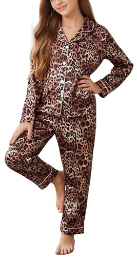 PATPAT Girls Satin Pajama Set - Silky Long Sleeve Sleepwear for Kids with Bag,Ages 5-14 Years
