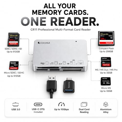 Image of Coconut CR11 USB 3.0 Card Reader with Type C 3.1 OTG, 6 in 1 Memory Card Adapter Compact Flash CF, TF, SD, MicroSD, SDHC, SDXC, MS Upto 10 Gbps Speed for Windows & Mac, PC Laptop Mobile - Silver