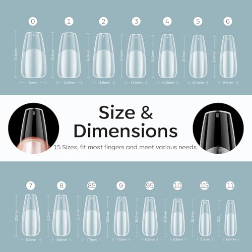 Image of Modelones Medium Coffin Fake Nail Tips - 510Pcs Gel Tips Pre-shaped Half Matte Full Cover Clear Acrylic Gel Kit False Press on Nails for Extension DIY Salon 15Sizes